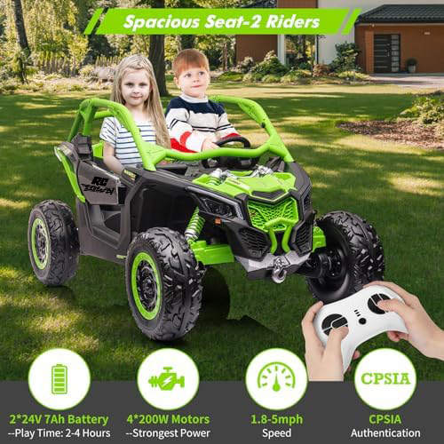 RCTOWN 2 Seats Ride on UTV with Remote Control for Kids, 2 * 24V Batteries 4 * 200W Motors Licensed by CAN-AM UTV,23" Seats Width Electric Vehicle, EVA Wheels,Music,Head+Tail Light,Max Load 130LBS,Green