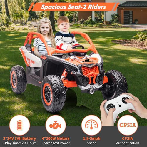 RCTOWN 2 Seats Ride on UTV with Remote Control for Kids, 2 * 24V Batteries 4 * 200W Motors Licensed by CAN-AM UTV,23" Seats Width Electric Vehicle, EVA Wheels,Music,Head+Tail Light,Max Load 130LBS,Orange