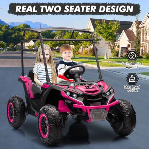 RCTOWN 24V Kids Ride On UTV, 2 Seater 4WD Electric Truck with Sun Shade, Remote Control, Led Lights, 4 Shock Absorbers,3 Speeds,Horn, and Music Player for Gift,Rose