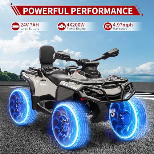 RCTOWN 24V Kids Ride On Car,2 Seater Licensed Can-Am Electric ATV Car for Kids,4 Wheeler 4WD Ride On Electric Toy Car with Bluetooth,Led,3 Speeds,Leather Seats,Grey