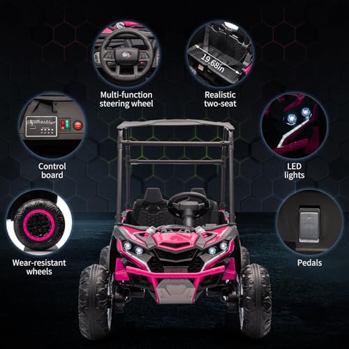 RCTOWN 24V Kids Ride On UTV, 2 Seater 4WD Electric Truck with Sun Shade, Remote Control, Led Lights, 4 Shock Absorbers,3 Speeds,Horn, and Music Player for Gift,Rose